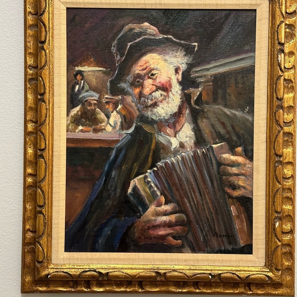 Vintage 3th quarter 20th century org painting elderly busker playing squeeze box - Picture 5 of 14